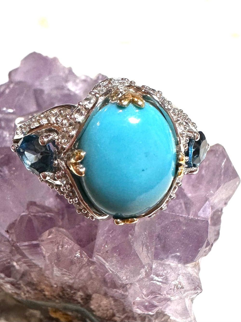 Turquoise Oval Cabochon Blue & White Topaz Sterling Silver with Vermeil Ring